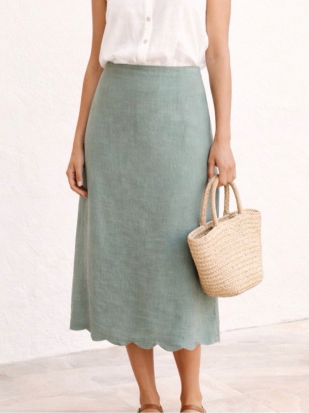 Abercrombie & Fitch Sage Green Scalloped Hem Midi Skirt